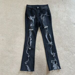 Black Skeleton Distressed Women's Jeans with Gray Paint Detail